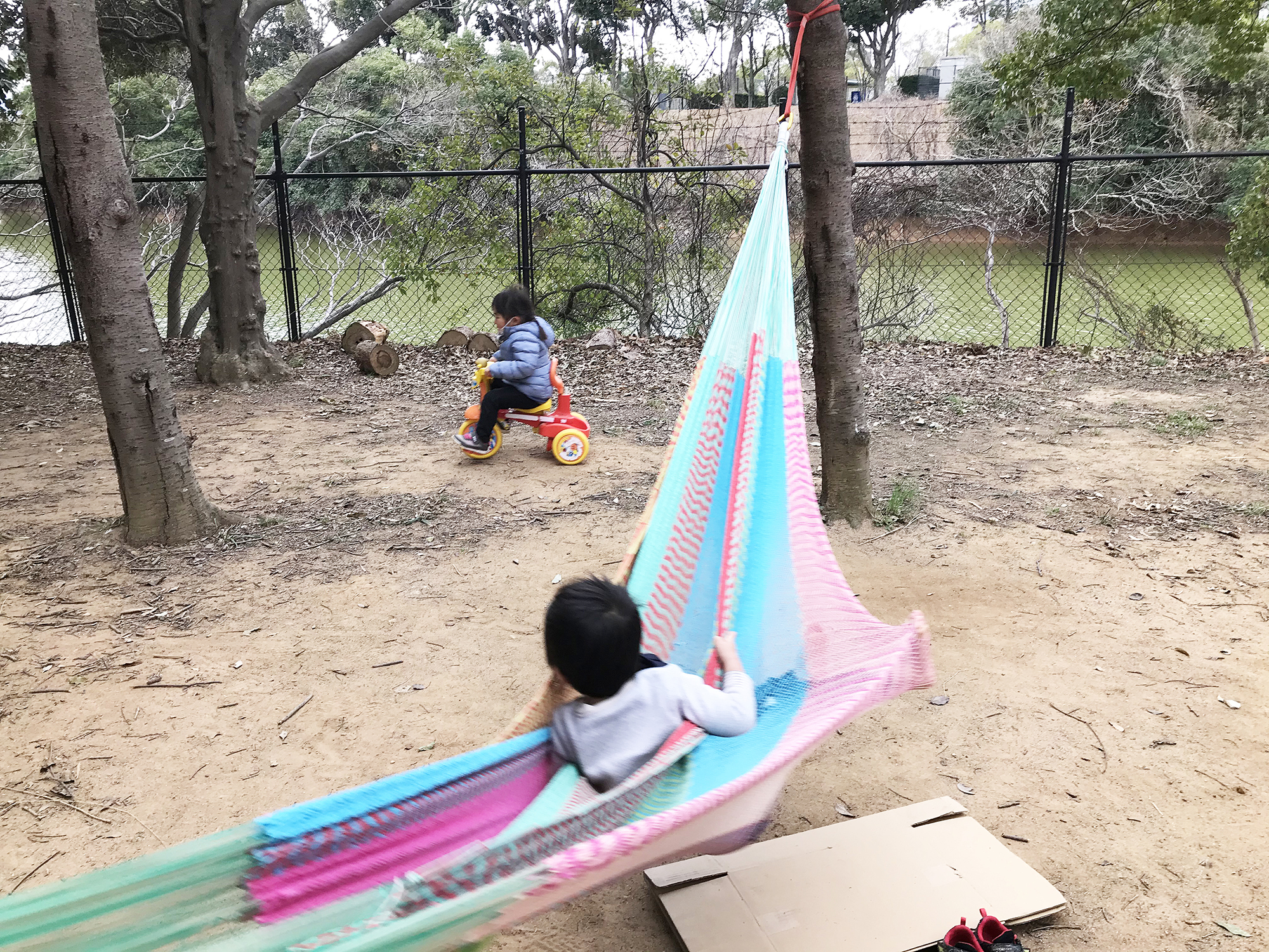 子どもが一番大好きなハンモック。小さい子どもなら5人ぐらい一緒に乗れます