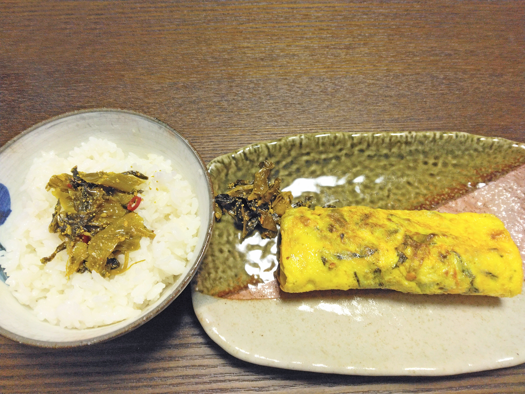 あつあつのご飯と明太高菜卵焼きに